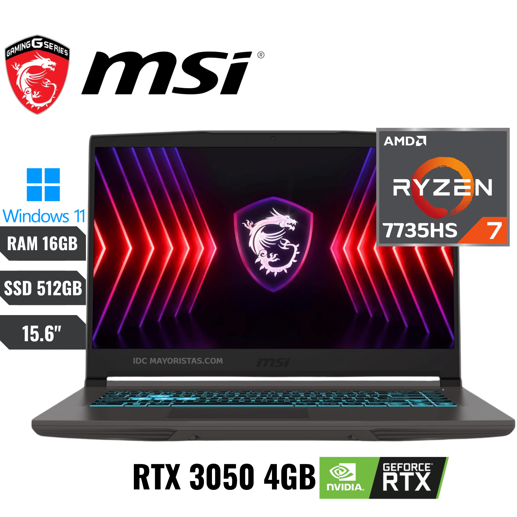 LAPTOP MSI THIN A15 B7UC RYZEN 7 7735HS +16GB RAM +512GB SSD +RTX 3050 4GB
